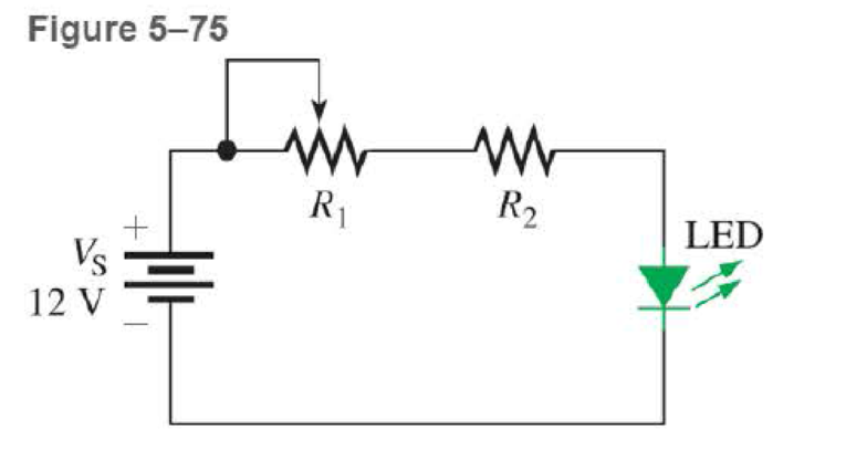 Chapter 5, Problem 27P, Refer to Figure 5-75. Assume the green LED drops 2.0 V across it when it is on The maximum current 