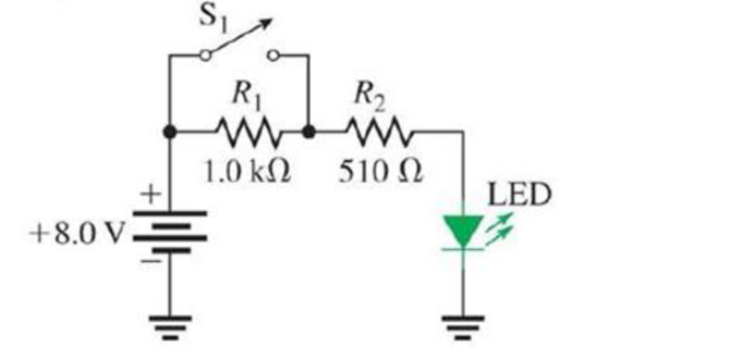 Chapter 5, Problem 28P, Refer to Figure 5-76. Assume there is a 2.0 V drop across the green LED Figure 5-76 a. What is the 