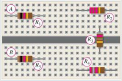 Chapter 6, Problem 1RP, Five resistors are positioned on a protoboard as shown in Figure 6-3. Show the wiring required to 