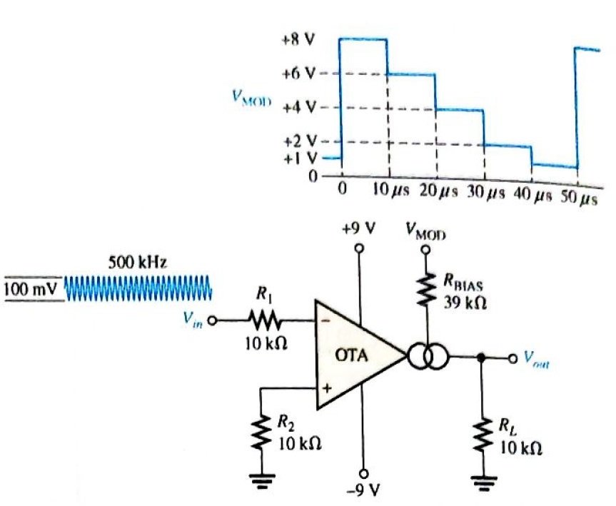 Chapter 20, Problem 19P, The OTA in Figure 20-49 functions an amplitude modulation circuit. Determine the output voltage 