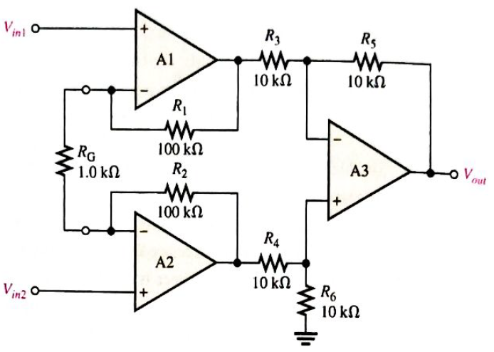 Chapter 20, Problem 1P, Determine the voltage gains of op-amps A1 and A2 for the instrumentation amplifier configuration in 