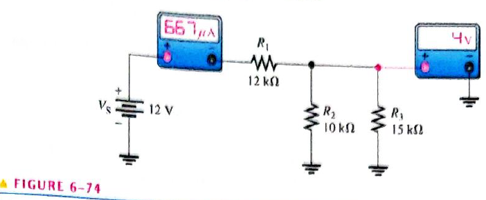 Chapter 6, Problem 2TSC, Determine the cause for each set of symtims. Refer to Figure 6-74. FIGURE 6-74 The meters indicate 