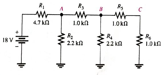 Chapter 6, Problem 43P, Determine the total resistance and the voltage at points A, B, and C in the circuit of Figure 6-93. 