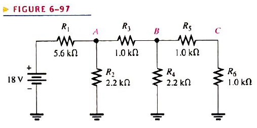 Chapter 6, Problem 48P, Determine the total resistance and the voltage at points A, B, and C in the circuit of Figure 6-97. 