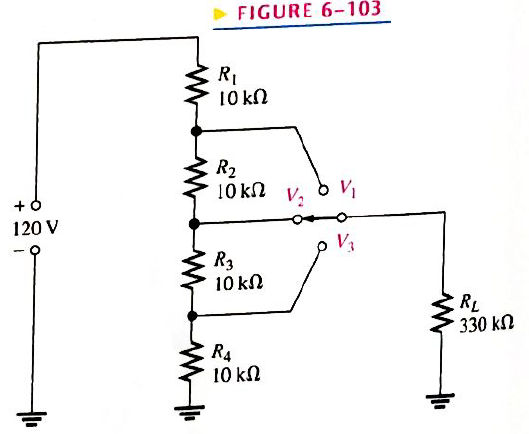 Chapter 6, Problem 57P, The voltage divider in Figure 6-103 has a switched load. Determine the voltage at each tap (V1,V2, 