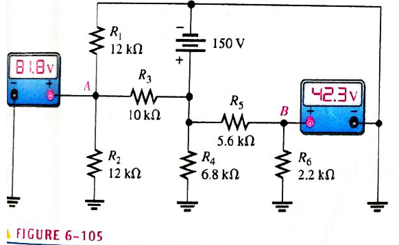 Chapter 6, Problem 59P, Look at the voltmeters in Figure 6-105 and determine if there is a fault in the circuit. If there is 