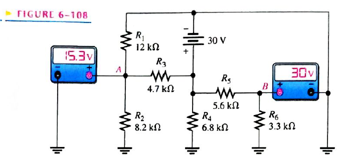 Chapter 6, Problem 62P, Look at the voltmeters in Figure 6-108 and determine if there is a fault in the circuit. If there is 
