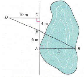 Chapter 12.4A, Problem 17A, In the following figure, find the distance AB across the pond using the similar triangles shown. 