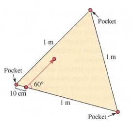 Chapter 14.CR, Problem 14CR, On a 1-m equilateral triangle pool table, a ball is hit at a 60 angle along a segment parallel to a 