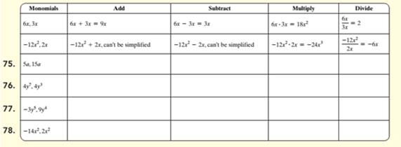 Chapter 12.3, Problem 77ES, In this section, we review operations on monomials Study the table below, then proceed. See Sections , example  2