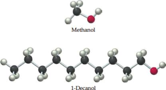 Chapter 10, Problem 10.36SP, Methanol (CH3OH; bp = 65 C) boils nearly 230 C higher than methane (CH4; bp = 164 C), but 1-decanol 