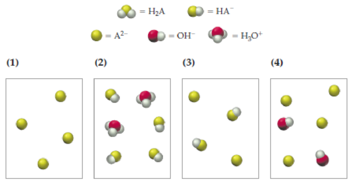 Chapter 15, Problem 15.38CP, The following pictures represent solutions at various stages in the titration of sulfuric acid H2A 