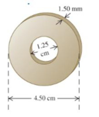 Chapter 1, Problem 20P, A brass washer has an outside diameter of 4.50 cm with a hole of diameter 1 25 cm and is 1 50 mm 