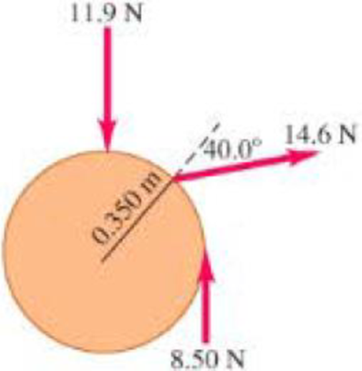 Chapter 10, Problem 3P, Three forces are applied to a wheel of radius 0.350 m, as shown in Figure 10.43. One force is 
