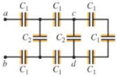 Chapter 18, Problem 75GP, In Figure 18.49, each capacitance C1 is 6.9 F and each capacitance C2 is 4.6 F. (a) Compute the 