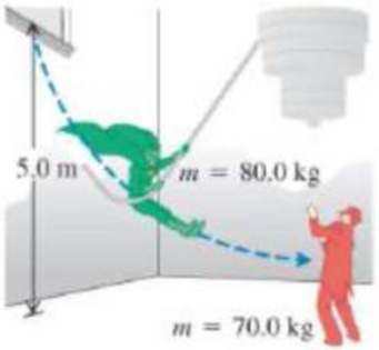 Chapter 8, Problem 57GP, A movie stuntman (mass 80.0 kg) stands on a window ledge 5.0 m above the floor (Figure 8.46). 