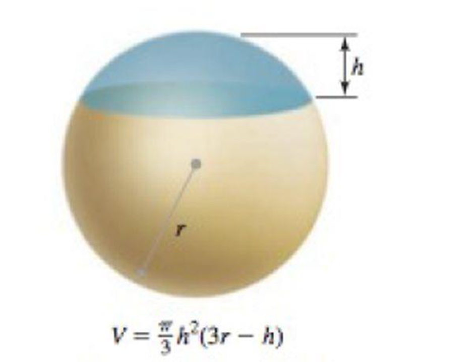 Chapter 12.4, Problem 70E, Spherical caps The volume of the cap of a sphere of radius r and thickness h is V=3h2(3rh), for 0  h 