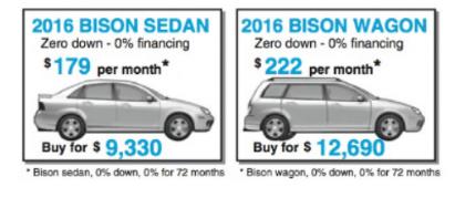 Chapter 3.4, Problem 37E, Problems 37 and 38 refer to the following ads. Use the information given in the Bison sedan ad to 