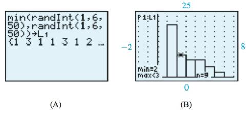 Chapter 8, Problem 49RE, The command in Figure A was used on a graphing calculator to simulate 50 repetitions of rolling a 