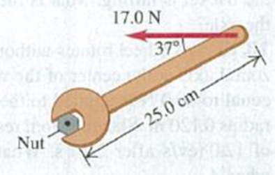 Chapter 10, Problem 10.7E, A machinist is using a wrench lo loosen a nut. The wrench is 25.0 cm long, and he exerts a 17.0-N 