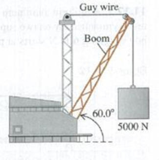 Chapter 11, Problem 11.15E, The boom shown in Fig. E11.15 weighs 2600 N and is attached to a friction less pivot at its lower 