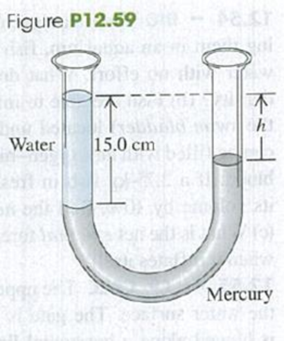 Chapter 12, Problem 12.59P, A U-shaped tube open to the air at both ends contains some mercury. A quantity of water is carefully 