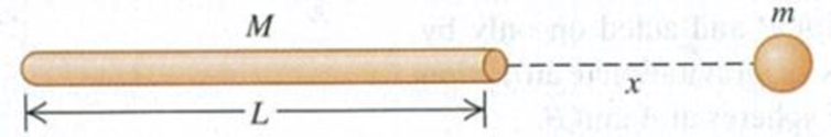 Chapter 13, Problem 13.34E, CALC A thin, uniform rod has length L and mass M. A small uniform sphere of mass m is placed a 