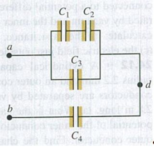 Chapter 24, Problem 24.17E, In Fig. E24.17, each capacitor has C = 4.00 F and Vab = +28.0 V. Calculate (a) the charge on each 