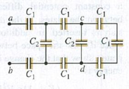 Chapter 24, Problem 24.59P, In Fig. P24.59, each capacitance C1 is 6.9 F, and each capacitance C2 is 4.6 F. (a) Compute the 