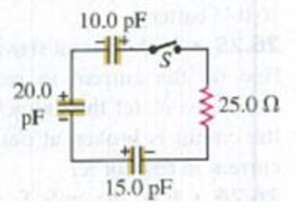 Chapter 26, Problem 26.47E, CP In the circuit shown in Fig. E26.47 each capacitor initially has a charge of magnitude 3.50 nC on 