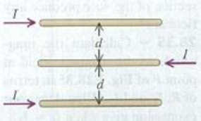 Chapter 28, Problem 28.28E, Three very long parallel wires each carry current I in the directions shown in Fig. E28.28. If the 