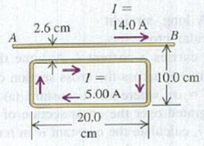 Chapter 28, Problem 28.64P, The long, straight wire AB shown in Fig. P28.64 carries a current of 14.0 A. The rectangular loop 