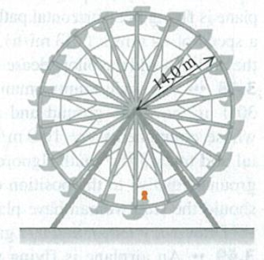 Chapter 3, Problem 3.27E, A Ferris wheel with radius 14.0 m is turning about a horizontal axis through its center (Fig. 