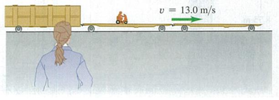 Chapter 3, Problem 3.30E, A railroad flatcar is traveling to the right at a speed of 13.0 m/s relative to an observer standing 