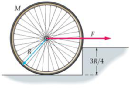 Chapter 11, Problem 87GP, A bicycle wheel of radius R and mass M is at rest against a step of height 3R/4, as illustrated in 
