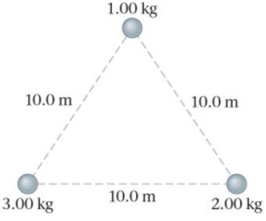 Chapter 12, Problem 71GP, Suppose that each of the three masses in Figure 12-38 is replaced by a mass of 5.95 kg and radius 
