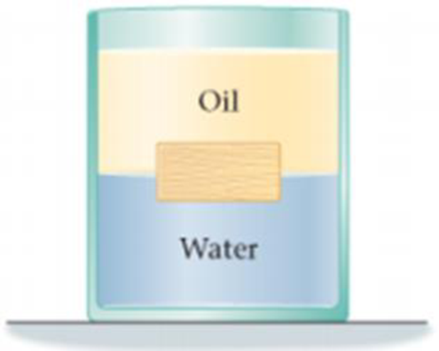Chapter 15, Problem 48PCE, Predict/Calculate A block of wood floats on water. A layer of oil is now poured on top of the water 