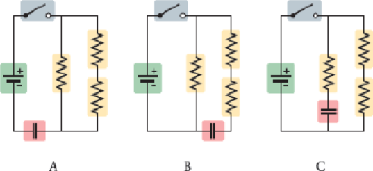 Chapter 21, Problem 89GP, CE The three circuits shown in Figure 21-59 have identical batteries, resistors, and capacitors. 