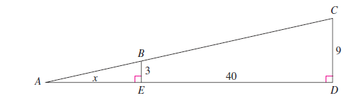 Chapter 12.4, Problem 1NAEP, The figure below shows two right angles. The length of AE is x and the length of DE is 40. Show all 