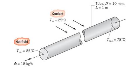 Chapter 8, Problem 8.60P, A hot fluid passes through a thin-walled tube of 10-mm diameter and 1-m length, and a coolant at 