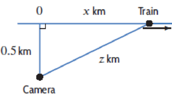 Chapter 4.6, Problem 51E, A train is traveling at 0.8 km/min along a long straight track, moving in the direction shown in 
