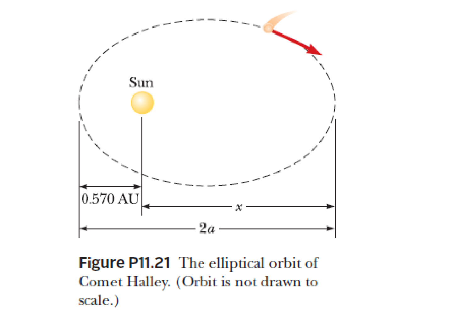 Chapter 11, Problem 21P, Comet Halley (Fig. P11.21) approaches the Sun to within 0.570 AU, and its orbital period is 75.6 yr. 