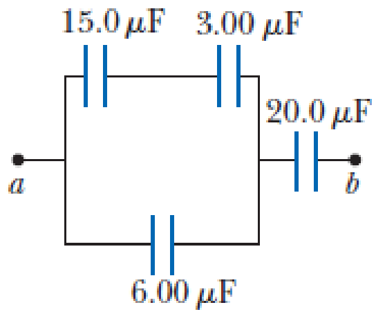 Chapter 20, Problem 45P, Four capacitors are connected as shown in Figure P20.45. (a) Find the equivalent capacitance between 