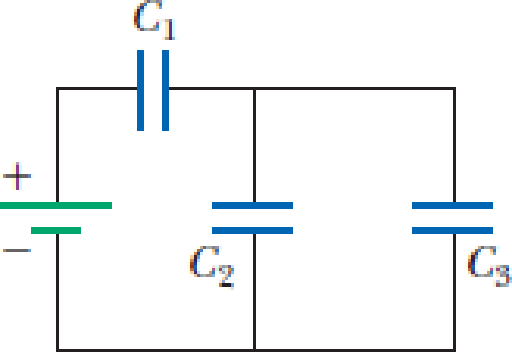 Chapter 20, Problem 50P, Three capacitors are connected to a battery as shown in Figure P20.50. Their capacitances are C1 = 