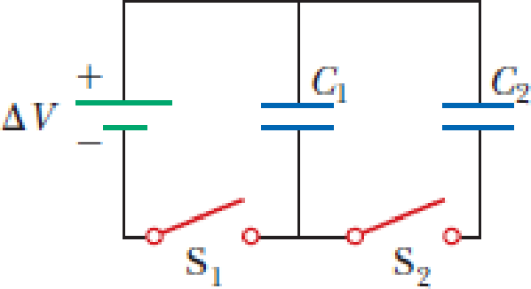 Chapter 20, Problem 52P, Consider the circuit shown in Figure P20.52, where C1 = 6.00 F, C2 = 3.00 F, and V = 20.0 V. 