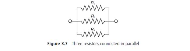 Chapter 3.2, Problem 9E, (Electrical eng.) The combined resistance of three resistors connected in parallel, as shown in 