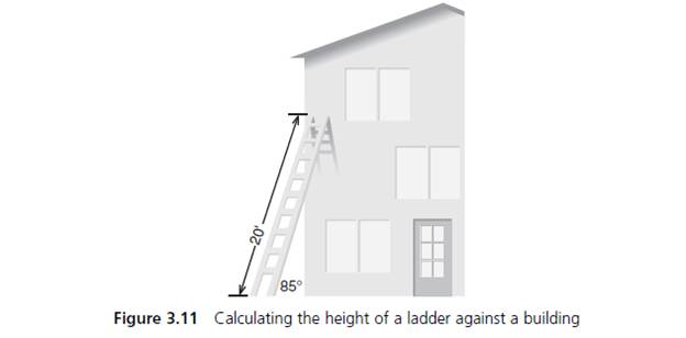 Chapter 3.3, Problem 6E, (General math) If a 20-foot ladder is placed on the side of a building at an 85-degree angle, as 