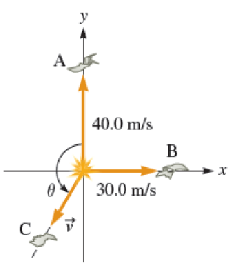 Chapter 11, Problem 57PQ, N A bomb explodes into three pieces A, B, and C of equal mass. Piece A flies with a speed of 40.0 