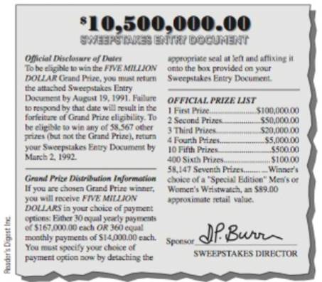 Chapter 13.2, Problem 49PS, Level 2 Calculate the expectation to the nearest cent for the Readers Digest sweepstakes described. 