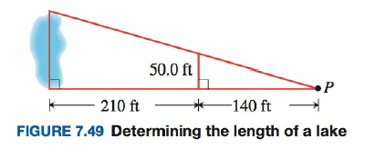 Chapter 7.4, Problem 41PS, Use similar triangles and a proportion to find the length of the lake shown in Figure 7.49. 